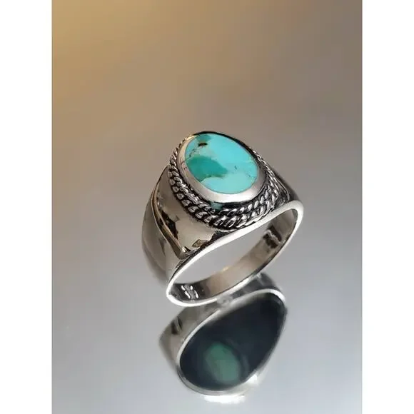 Genuine Turquoise Men's Ring, Sterling Silver 925 Stamped Ring, Signet Band